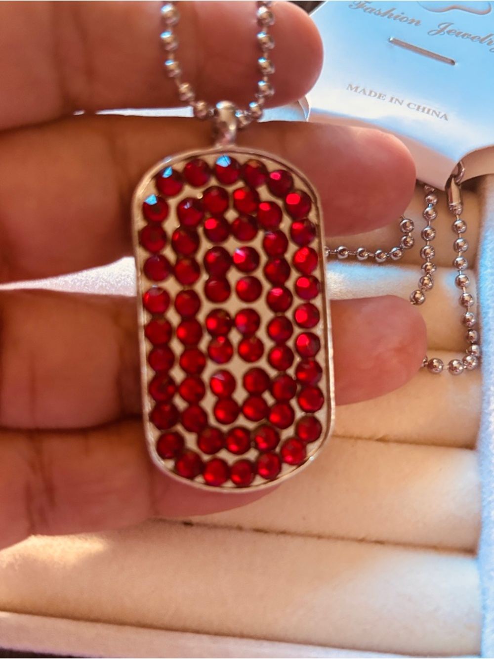 Red Crystal Dog Tag Pendant Necklace - Unbranded